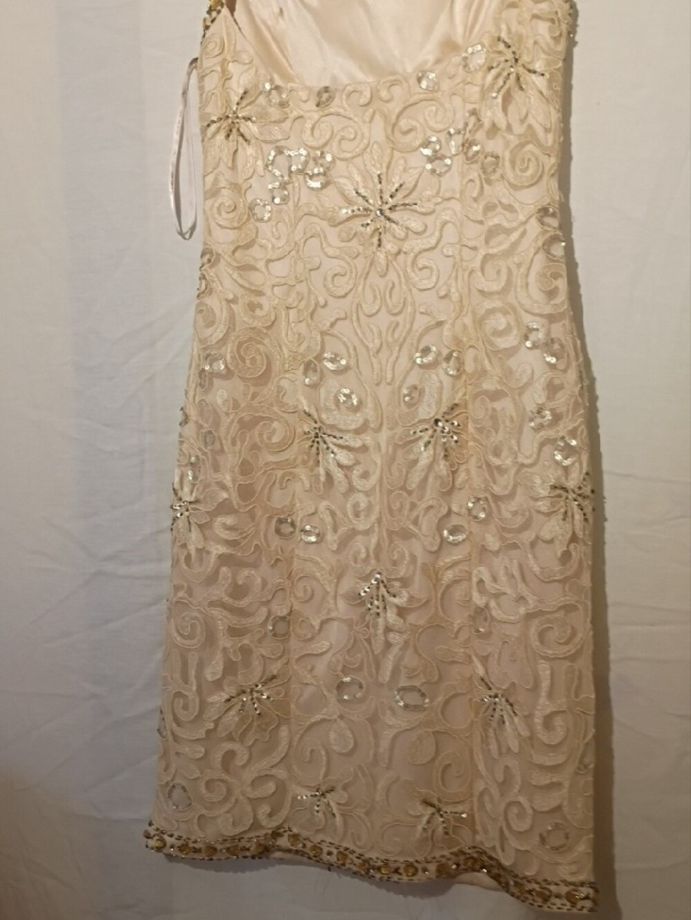 Sue Wong Ivory Lace Beaded Illusion Neck Midi Dress, Silver Sequins, Open Back - Picture 10 of 16